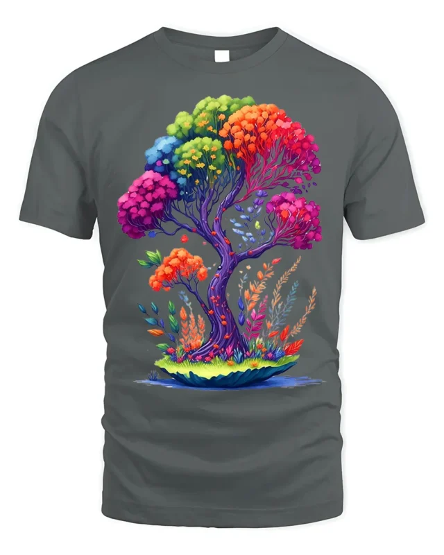 Rainbow Fantasy Tree Nature Art T-Shirt - gray t-shirt on white background