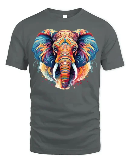 Colorful Elephant Tribal Art T-Shirt Design - gray t-shirt on white background
