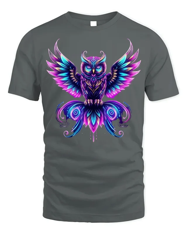 Mystic Neon Owl Art Graphic T-Shirt - gray t-shirt on white background