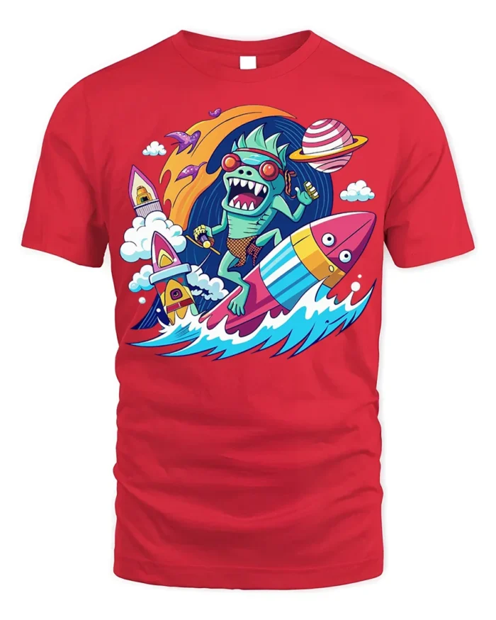 Alien Surfer Rocket Ride Graphic T-Shirt - red t-shirt on white background