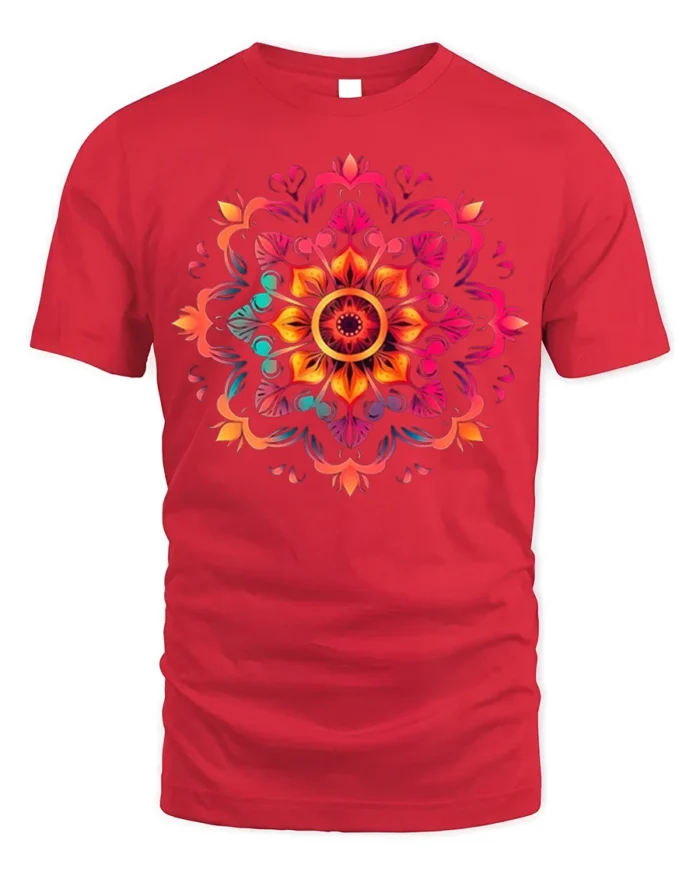Boho Mandala Flower Burst T-Shirt - red t-shirt on white background