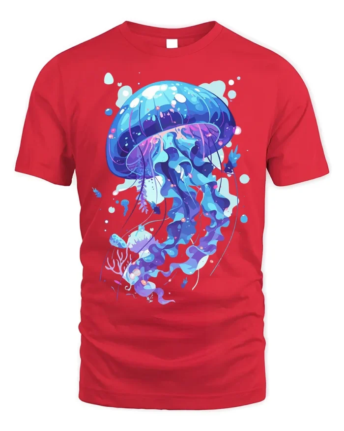 Mystic Jellyfish T-Shirt - Ocean Art Style - red t-shirt on white background