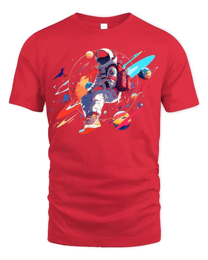 Colorful Astronaut T-Shirt - Space Art Design - red t-shirt on white background