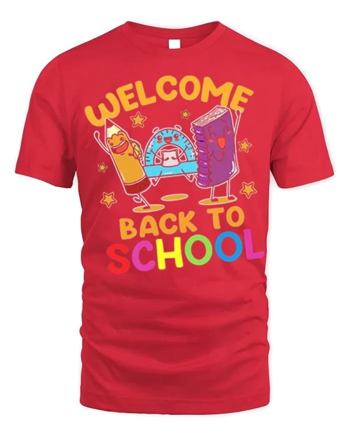 Welcome Back to School T-Shirt - Cute Cartoon Style - red t-shirt on white background