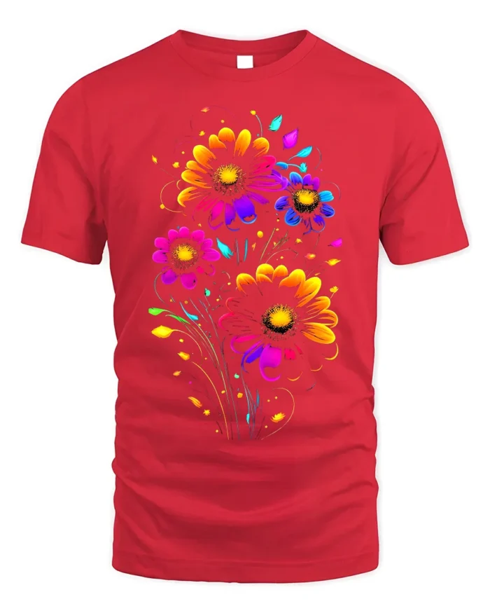 Neon Bloom Floral T-Shirt - Colorful Flower Art - red t-shirt on white background