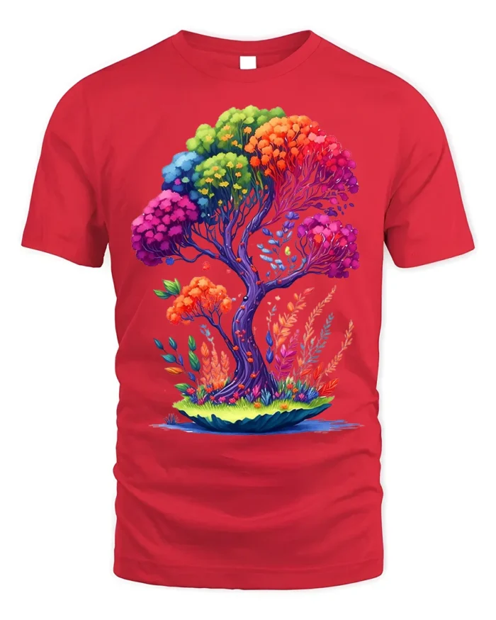 Rainbow Fantasy Tree Nature Art T-Shirt - red t-shirt on white background