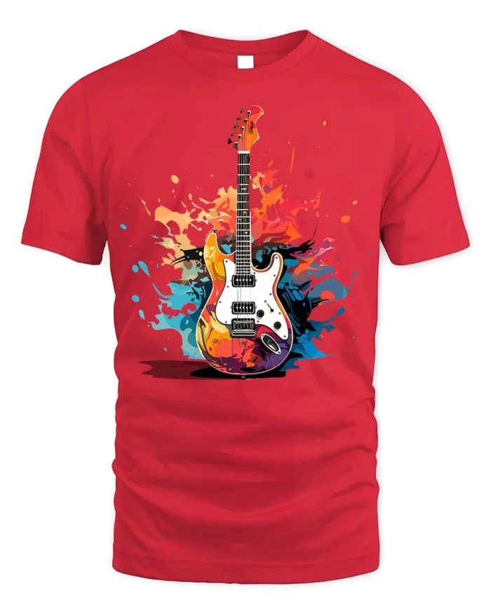 Electric Guitar Splash Art Graphic T-Shirt - red t-shirt on white background