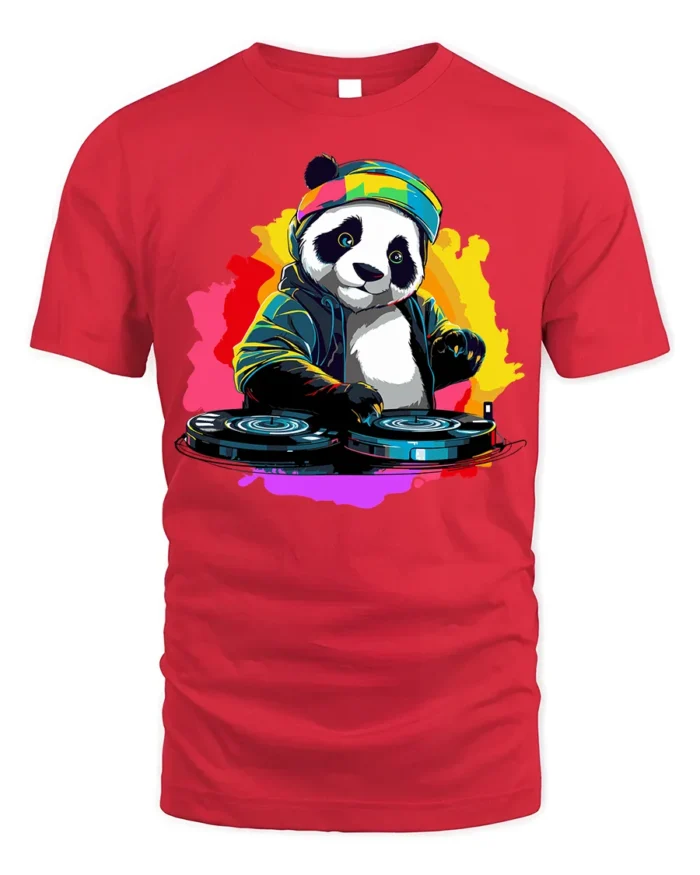 DJ Panda Party Mix Graphic T-Shirt for Fun - red t-shirt on white background
