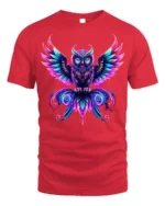 Mystic Neon Owl Art Graphic T-Shirt - red t-shirt on white background