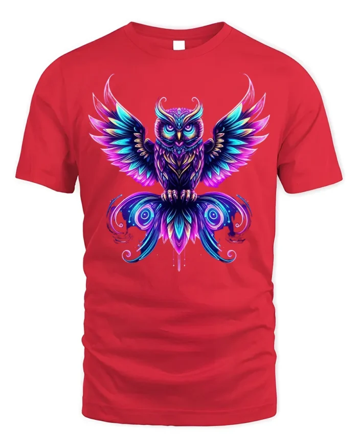 Mystic Neon Owl Art Graphic T-Shirt - red t-shirt on white background