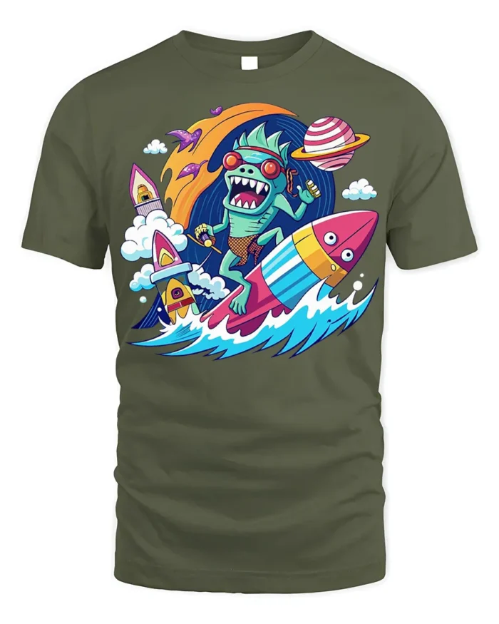 Alien Surfer Rocket Ride Graphic T-Shirt - military green t-shirt on white background