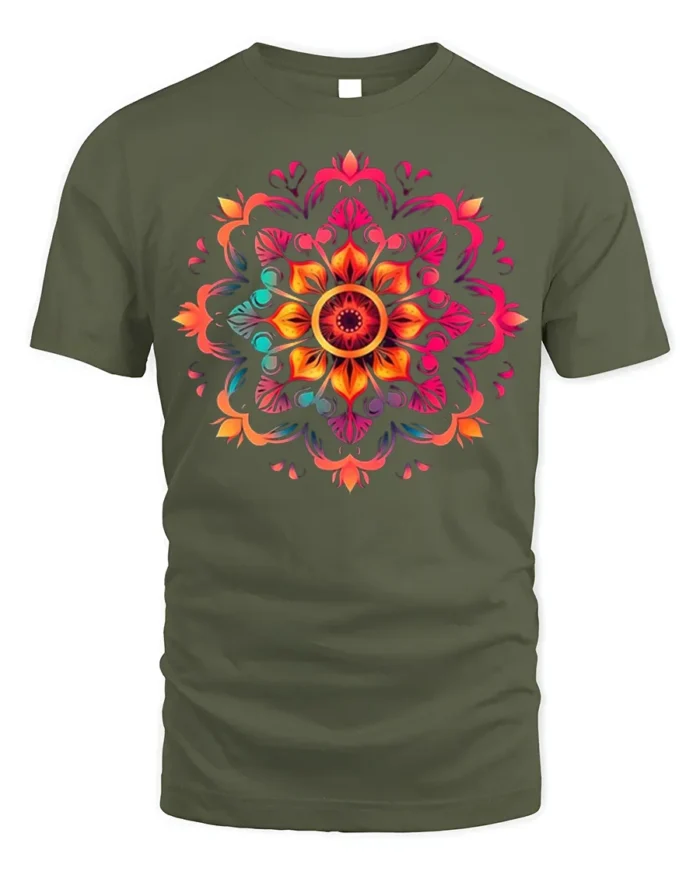 Boho Mandala Flower Burst T-Shirt - military green t-shirt on white background