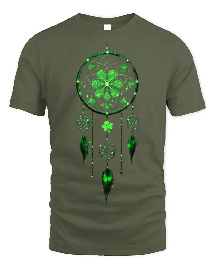 Lucky Dreamcatcher Shamrock Feather T-Shirt - military green t-shirt on white background