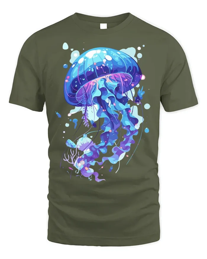 Mystic Jellyfish T-Shirt - Ocean Art Style - military green t-shirt on white background
