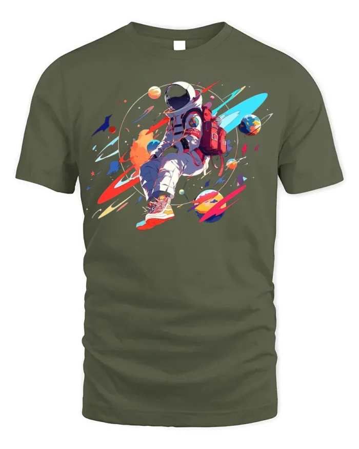 Colorful Astronaut T-Shirt - Space Art Design - military green t-shirt on white background