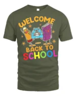 Welcome Back to School T-Shirt - Cute Cartoon Style - military green t-shirt on white background