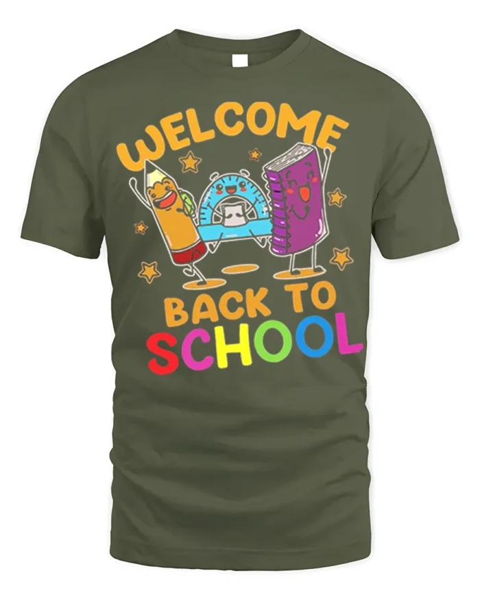 Welcome Back to School T-Shirt - Cute Cartoon Style - military green t-shirt on white background