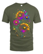 Neon Bloom Floral T-Shirt - Colorful Flower Art - military green t-shirt on white background