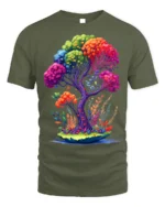 Rainbow Fantasy Tree Nature Art T-Shirt - military green t-shirt on white background