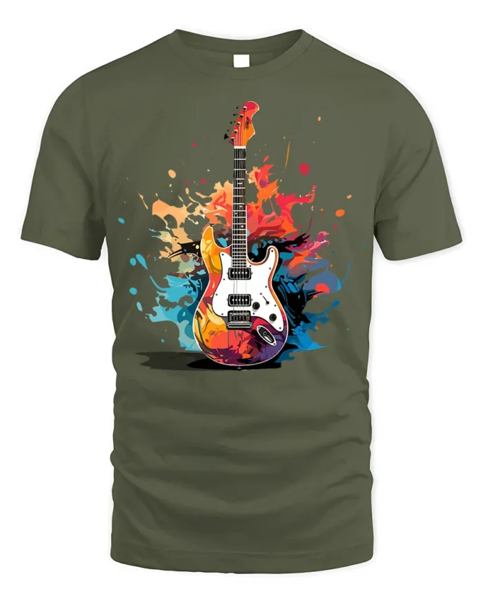 Electric Guitar Splash Art Graphic T-Shirt - military green t-shirt on white background