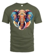 Colorful Elephant Tribal Art T-Shirt Design - military green t-shirt on white background