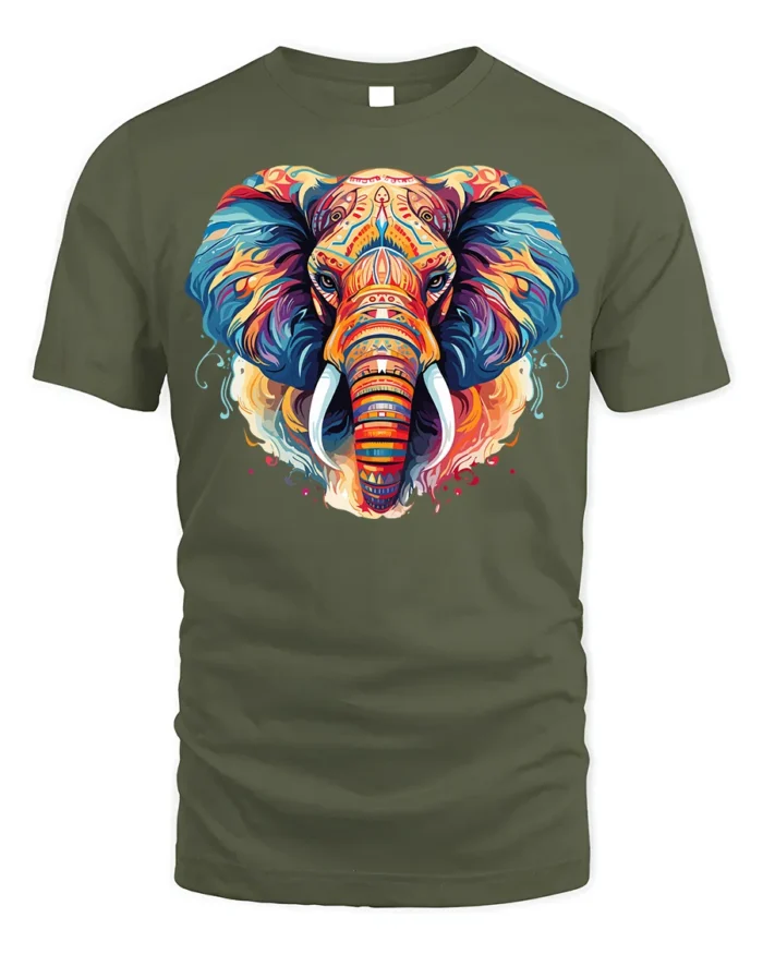 Colorful Elephant Tribal Art T-Shirt Design - military green t-shirt on white background
