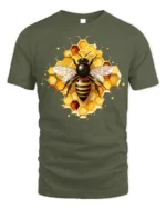 Honey Bee and Honeycomb Art Graphic T-Shirt - military green t-shirt on white background