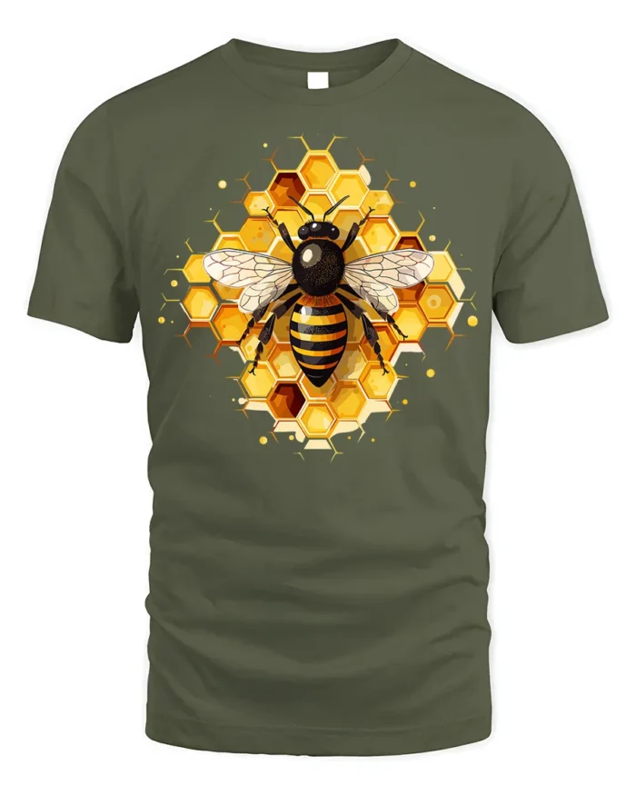 Honey Bee and Honeycomb Art Graphic T-Shirt - military green t-shirt on white background