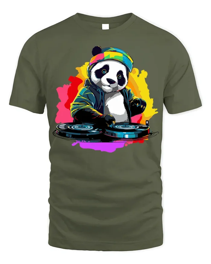 DJ Panda Party Mix Graphic T-Shirt for Fun - military green t-shirt on white background