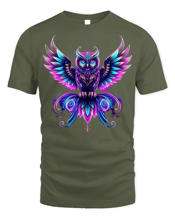 Mystic Neon Owl Art Graphic T-Shirt - military green t-shirt on white background