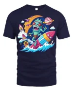 Alien Surfer Rocket Ride Graphic T-Shirt - navy t-shirt on white background