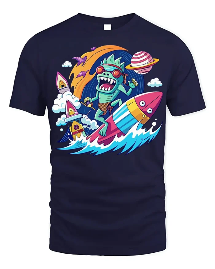 Alien Surfer Rocket Ride Graphic T-Shirt - navy t-shirt on white background