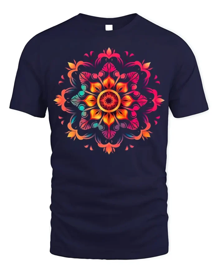 Boho Mandala Flower Burst T-Shirt - navy t-shirt on white background