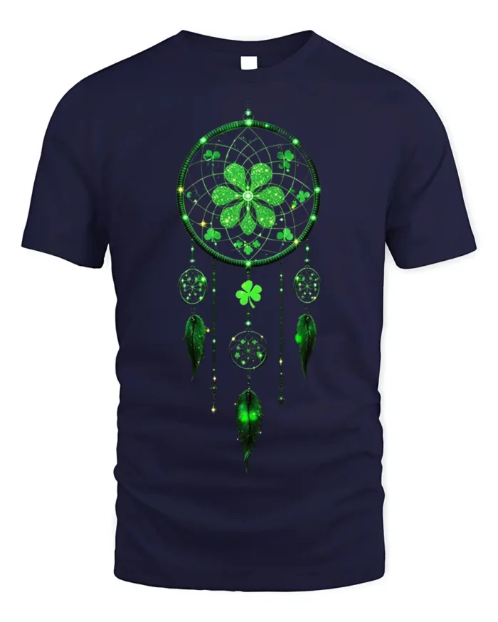 Lucky Dreamcatcher Shamrock Feather T-Shirt - navy t-shirt on white background