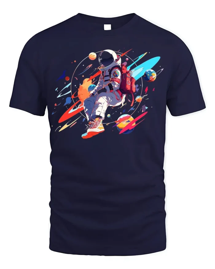 Colorful Astronaut T-Shirt - Space Art Design - navy t-shirt on white background