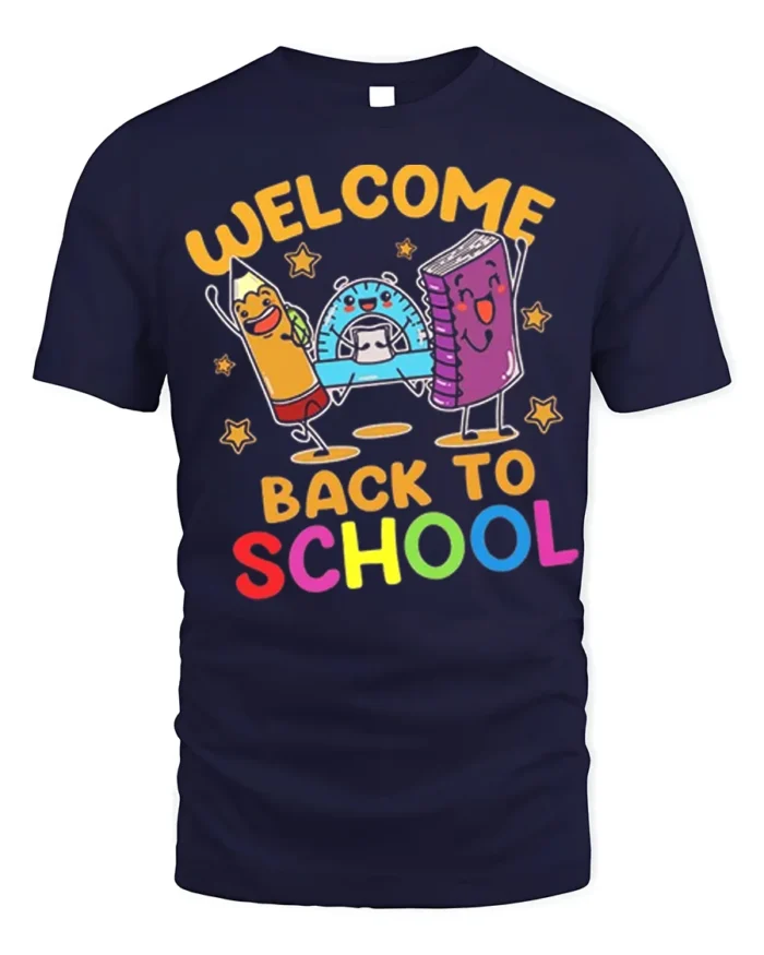 Welcome Back to School T-Shirt - Cute Cartoon Style - navy t-shirt on white background