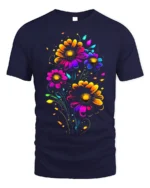 Neon Bloom Floral T-Shirt - Colorful Flower Art - navy t-shirt on white background