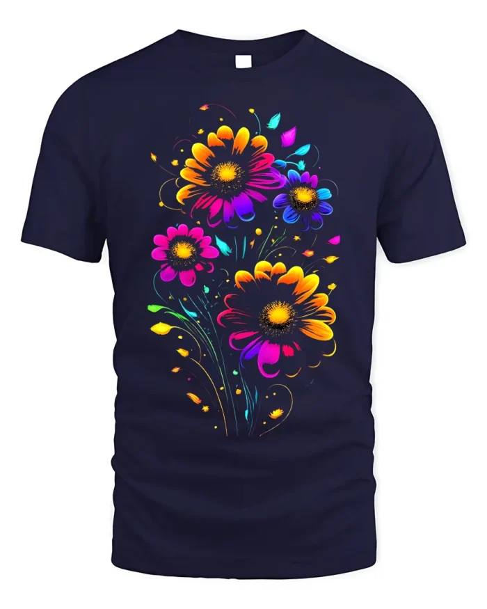 Neon Bloom Floral T-Shirt - Colorful Flower Art - navy t-shirt on white background