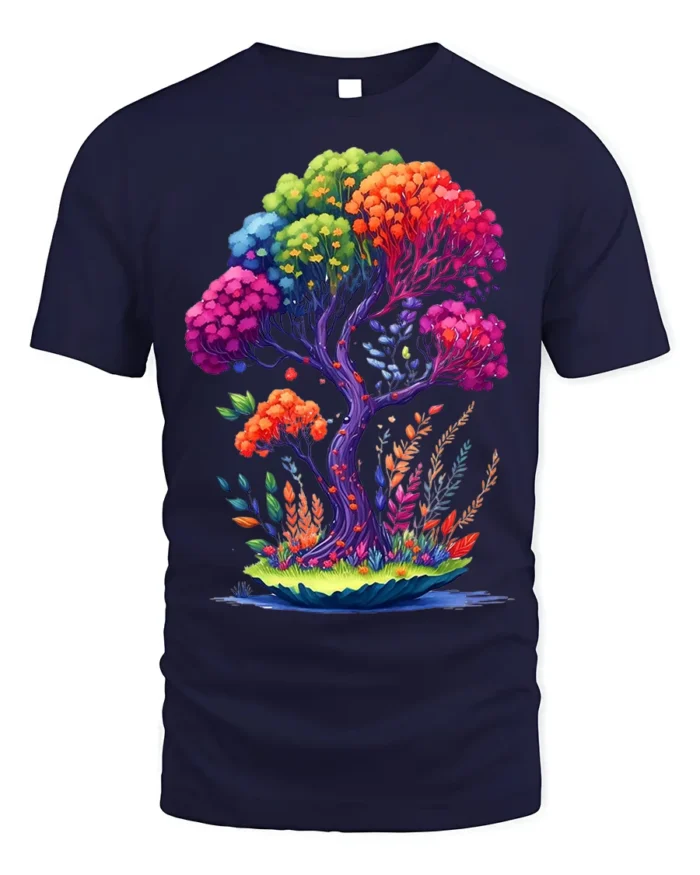Rainbow Fantasy Tree Nature Art T-Shirt - navy t-shirt on white background