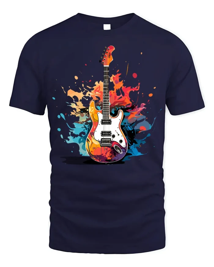 Electric Guitar Splash Art Graphic T-Shirt - navy t-shirt on white background