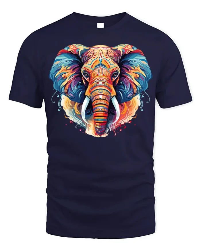 Colorful Elephant Tribal Art T-Shirt Design - navy t-shirt on white background