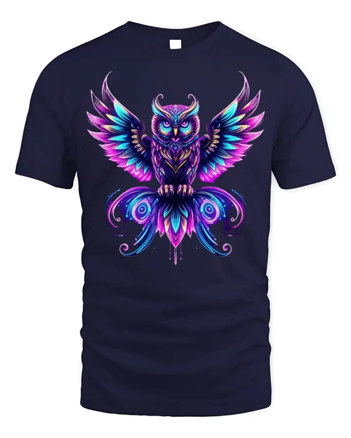 Mystic Neon Owl Art Graphic T-Shirt - navy t-shirt on white background