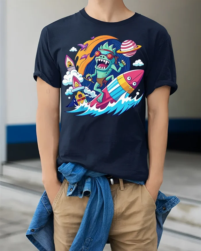 Alien Surfer Rocket Ride Graphic T-Shirt - model wearing navy shirt, hands in pockets