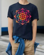 Boho Mandala Flower Burst T-Shirt - model wearing navy shirt, hands in pockets