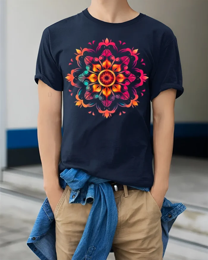 Boho Mandala Flower Burst T-Shirt - model wearing navy shirt, hands in pockets
