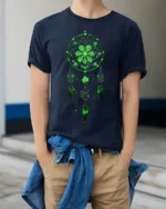Lucky Dreamcatcher Shamrock Feather T-Shirt - model wearing navy shirt, hands in pockets