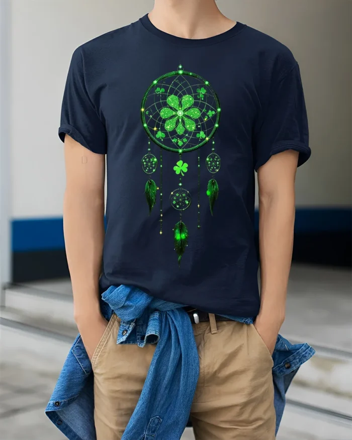 Lucky Dreamcatcher Shamrock Feather T-Shirt - model wearing navy shirt, hands in pockets
