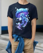 Mystic Jellyfish T-Shirt - Ocean Art Style - model wearing navy shirt, hands in pockets