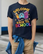 Welcome Back to School T-Shirt - Cute Cartoon Style - model wearing navy shirt, hands in pockets