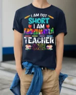 Funny Kindergarten Teacher Size T-Shirt - model wearing navy shirt, hands in pockets